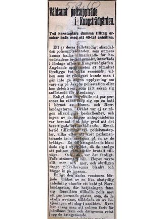 "Våldsamt polisuppträde i Kungsträdgården" – artikel Social-Demokraten 1910 