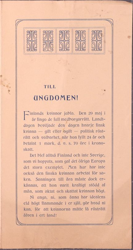 Uppmaning till ungdomar att kämpa för kvinnors rösträtt - 1906