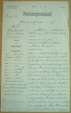 F.d. järnarbetaren Anders Fredrik Lindqvist, 36, häktad för lösdriveri 17 juni 1891 - polisförhör.