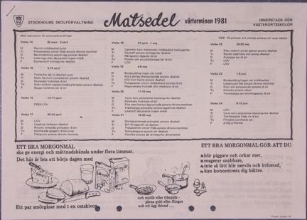 Maskinskriven skolmatsedel för Stockholms skolor