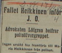 Fallet Heikkinen inför J.O. Advokaten Löfgren beifrar polisöfvergreppet - pressklipp 13 november 1909