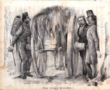 "Hufvudstadens nöjen - Den trånga gränden" (teckning 1841) 