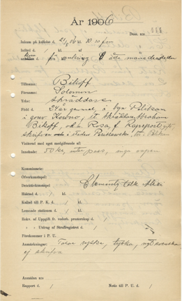 Polisförhör med utländske medborgaren Salomon Bikoff år 1906