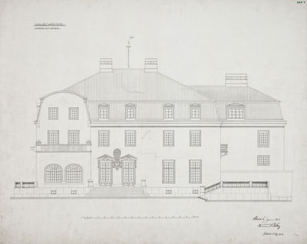 Ferdinand Bobergs ritning av Slottets fasad mot söder på Waldemarsudde från år 1903.