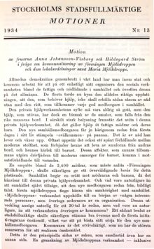 Motion om att kommunalisera Föreningen Mjölkdroppen - stadsfullmäktige 1934