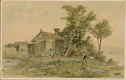 Lantlig miljö med ett fallfärdigt hus, en man som promenerar med en hund och en kvinna med en korg under armen