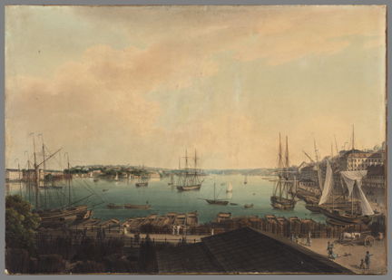 Utsikt från Slussen med Järnvågen mot Saltsjön 1798.