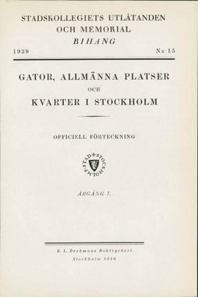Framsida till Bihang 15, Stadskollegiets utlåtanden och memorial år 1939