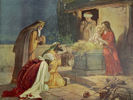 Skolplansch som visar de tre vise männen, Jesus, Maria och Josef. 