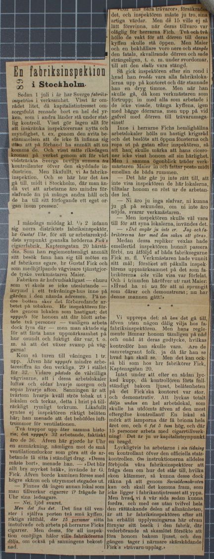 En fabriksinspektion i Stockholm - artikel 1889