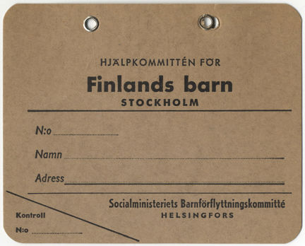 Adresslapp för finska krigsbarn