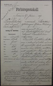 Carl August Lundström slåss med gardister iförd kvinnokläder - polisförhör 1889