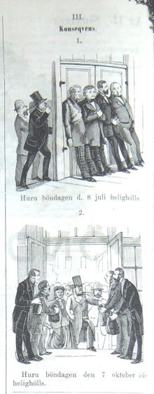 Expositions-minnen III. Konseqvens. Bildskämt om Stockholmsutställningens 1866 i Söndags-Nisse – Illustreradt Veckoblad för Skämt, Humor och Satir, nr 42, den 14 oktober 1866