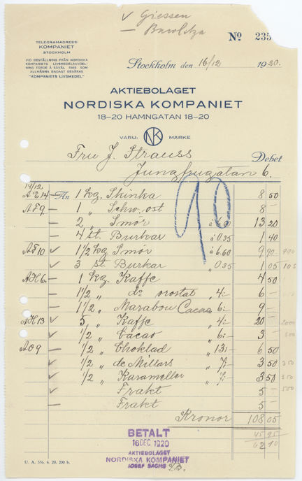 Kvitto från Nordiska kompaniet som den judiska societetskvinnan Irene Strauss sparade