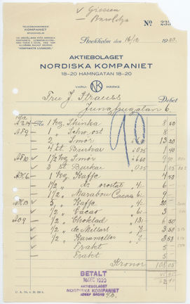 Papperskvitto med skriven text. Varor som smör och choklad nämns. Det står med blå text på kvittot.