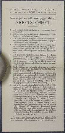 Nio åtgärder till förebyggande av Arbetslöshet - flygblad från Sällskapet för Humanitär Barnalstring 1923