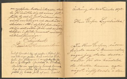 Brev från fru Hammarström till Greve Lagerbielke 1894.