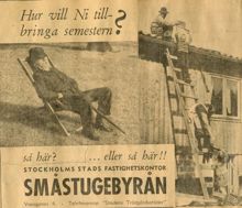 Annons för Småstugebyrån ur pressklipp 1934-1939