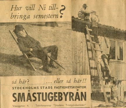 Utklippt tidningsannons på gulnat papper med två foton, ena sovande man andra familj som bygger på småstuga tillsammans