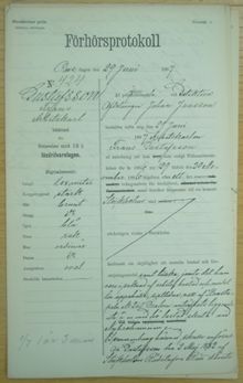 Arbetskarlen Frans Gustafsson, 41, häktad för förseelse mot 12 § lösdrifvarlagen 29 juni 1887 - polisförhör