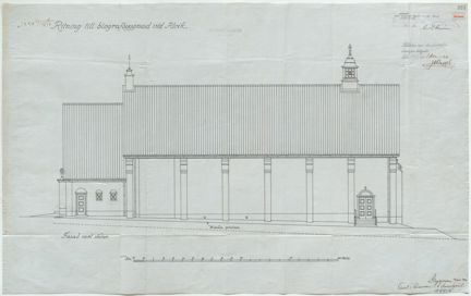 Fasad mot söder och Gustavslundsvägen. Utformningen påminner om en liten äldre kyrka, med en lägre entrédel och salongen i en långhus. Byggnaden har sadeltak och två små fönster i den lägre delen. Fasaderna är odekorerade med strävpelare. 
