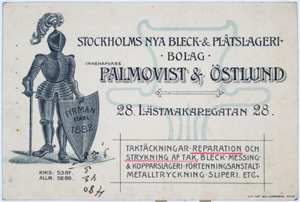 Reklamtryck i svart och rött med bild på en rustning samt text.