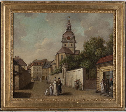 En målning med en kyrka i bakgrunden med personer som promenerar på gatan längs en mur.