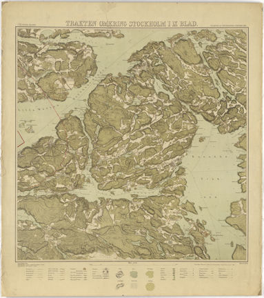 Tryck i färg, med skog i grönt, vatten i blått och förklaring med bilder över symboler och streckningar under kartbilden.