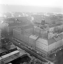 Utsikt från Skattehuset över dåvarande Västgötagatan (nuv. Tjurbergsg.) och dess korsning med Skånegatan (nuv. Hallandsg.), Kv. Vågskivan