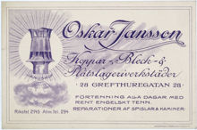 Reklamtryck. Oskar Jansson. Koppar- Bleck & Plåtslageriverkstäder
