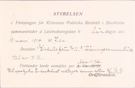 Inbjudan till styrelsemöte LKPR Stockholm 1914