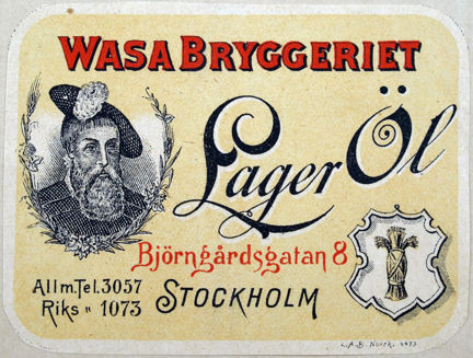 tryckt öletikett i gult, rött och svart med bilder och text