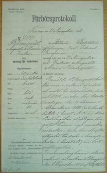 Änkan Augusta Maria Blomquist, 44, varnad för lösdriveri 21 november 1890 - polisförhör