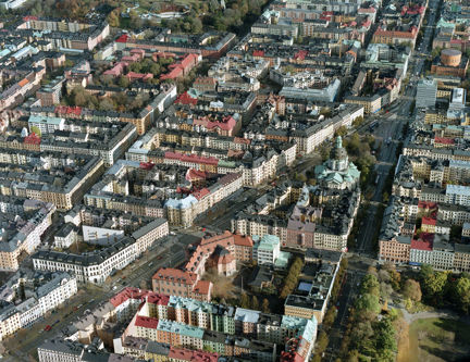 Odenplan, Gustav Vasa kyrka och omgivande kvarter sedda uppifrån.