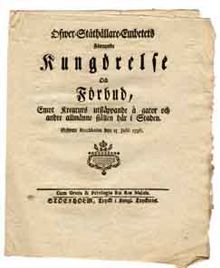 Öfwer-ståthållare-embetets förnyade kungörelse och förbud, emot kreaturs utsläppande å gator och andre allmänne ställen här i staden. Gifwen Stockholm den 15 julii 1796