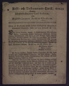 Arfs- och testaments-twist, emellan lärftskrämaren Carl Saebom, och kryddkrämaren Anders Gladhem.