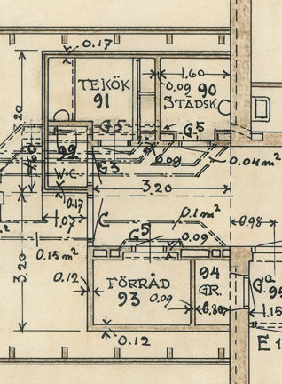 Ritning, paviljong 10B för rumspatienter, 2 trappor, Beckomberga sjukhus, utsnitt