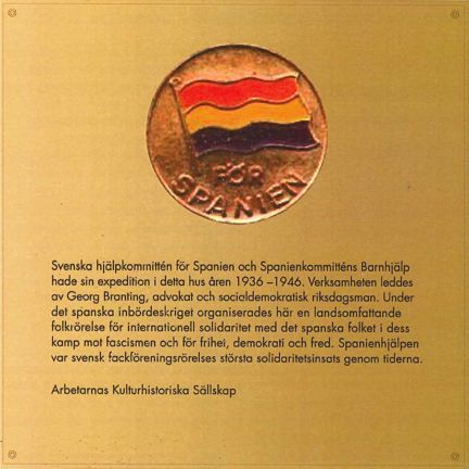 Minnesmärke över Svenska hjälpkommittén för Spanien och Spanienkommitténs Barnhjälp vid Västmannagatan 1