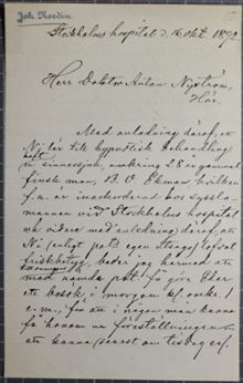 Stockholms hospital för sinnessjuka vill ha hjälp med patient - brev till Dr Nyström 1892