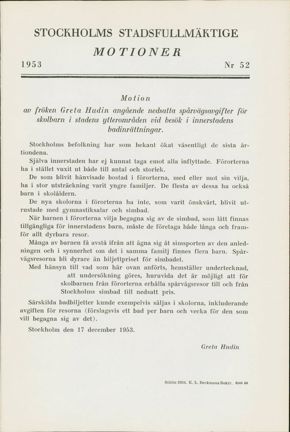 Motion angående nedsatta spårvagnsavgifter till stadens badinrättningar 1953