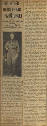 Artikeln "Deje-Hitler debuterar på Hötorget", ur tidningen Svenska Morgonbladet den 23 januari 1932.