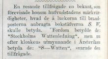 Om kloakernas utmynnande i Årstaviken. Satirisk notis i Söndags-Nisse – Illustreradt Veckoblad för Skämt, Humor och Satir, nr 40, den 30 september 1866