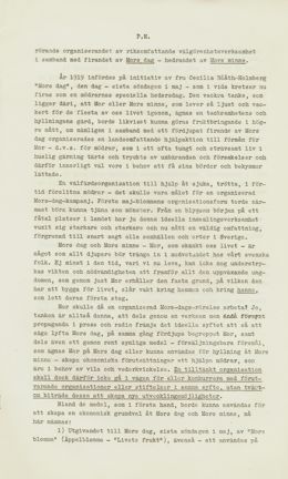 Text angående införandet av en ny välgörenhetsorganisation kallad Mors blomma från 1938