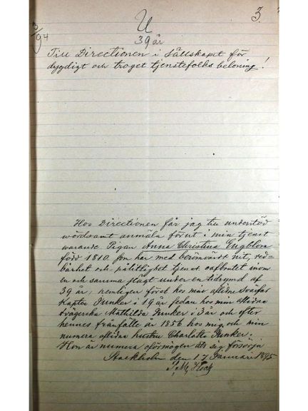 Sällskapet till dygdigt och troget Tjenestefolks belönande - ansökan 1895