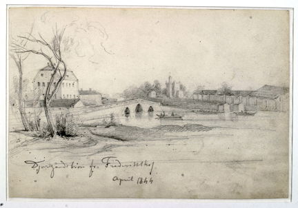 En teckning föreställande en bro och några byggnader