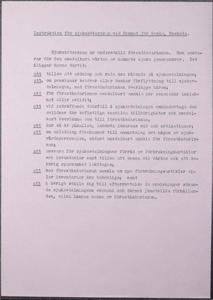 Maskinskriven instruktion till sjuksköterskan på Hemmet för gamla