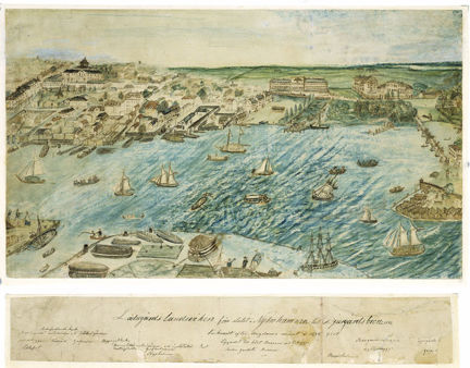 Stadsvy i akvarell förställande Nybrohamnen till Djurgårdsbron 