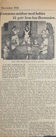 "Ensamma mödrar med babies få gott hem hos Barnavärn" - tidningsnotis 1941