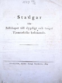 Sällskapet till dygdigt och troget Tjenestefolks belönande - stadgar 1829