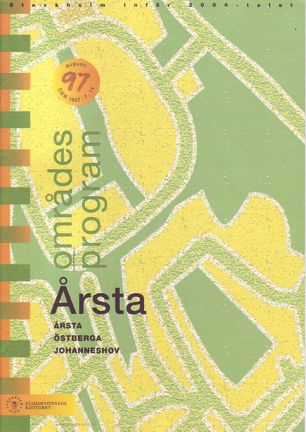 Framsida områdesprogrammet med grön och svart text mot förenklad design av gatunät i grönt och gult